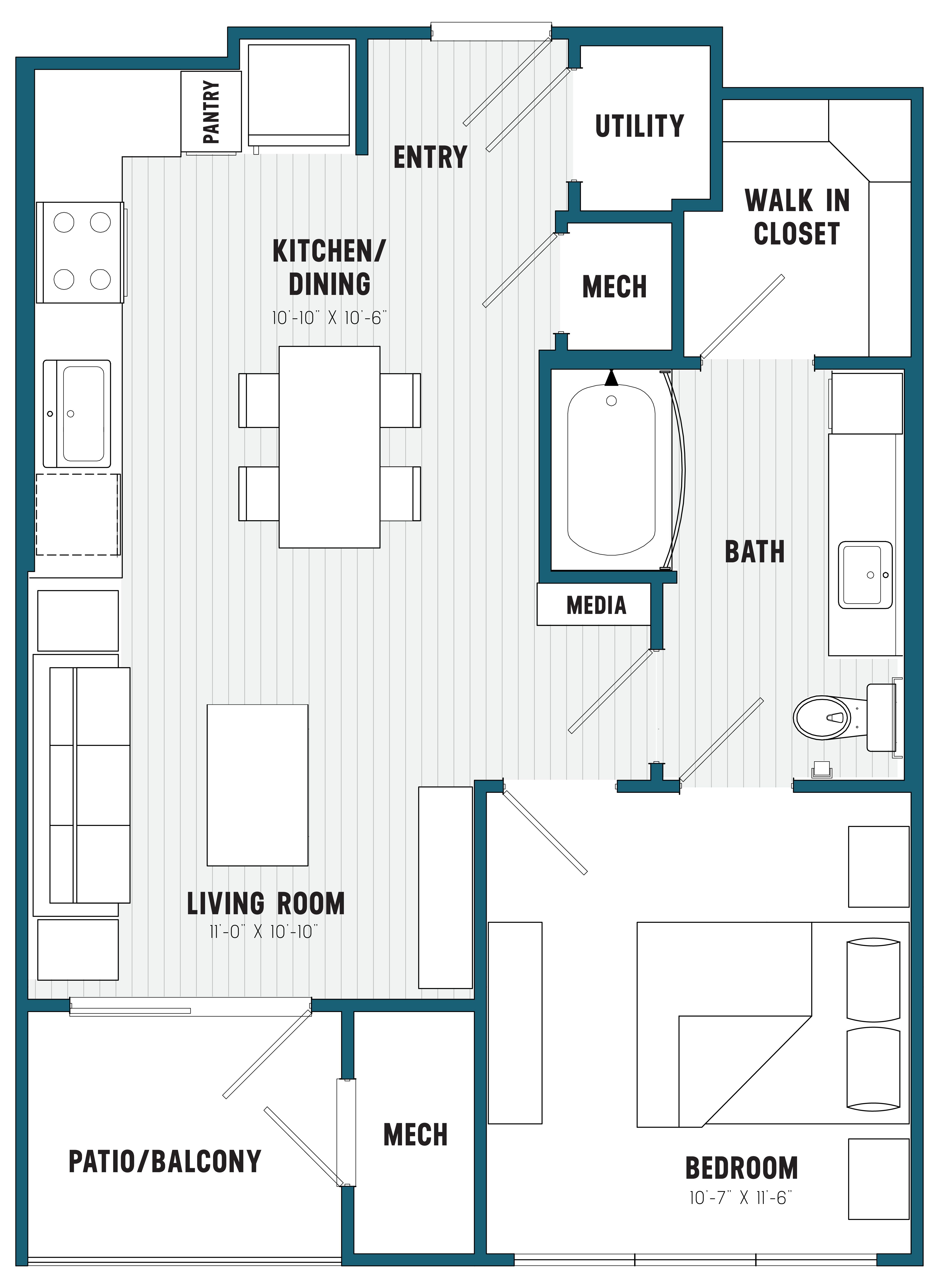 One-bedroom apartment floor plan at Brookland Apartments in West Columbia, SC