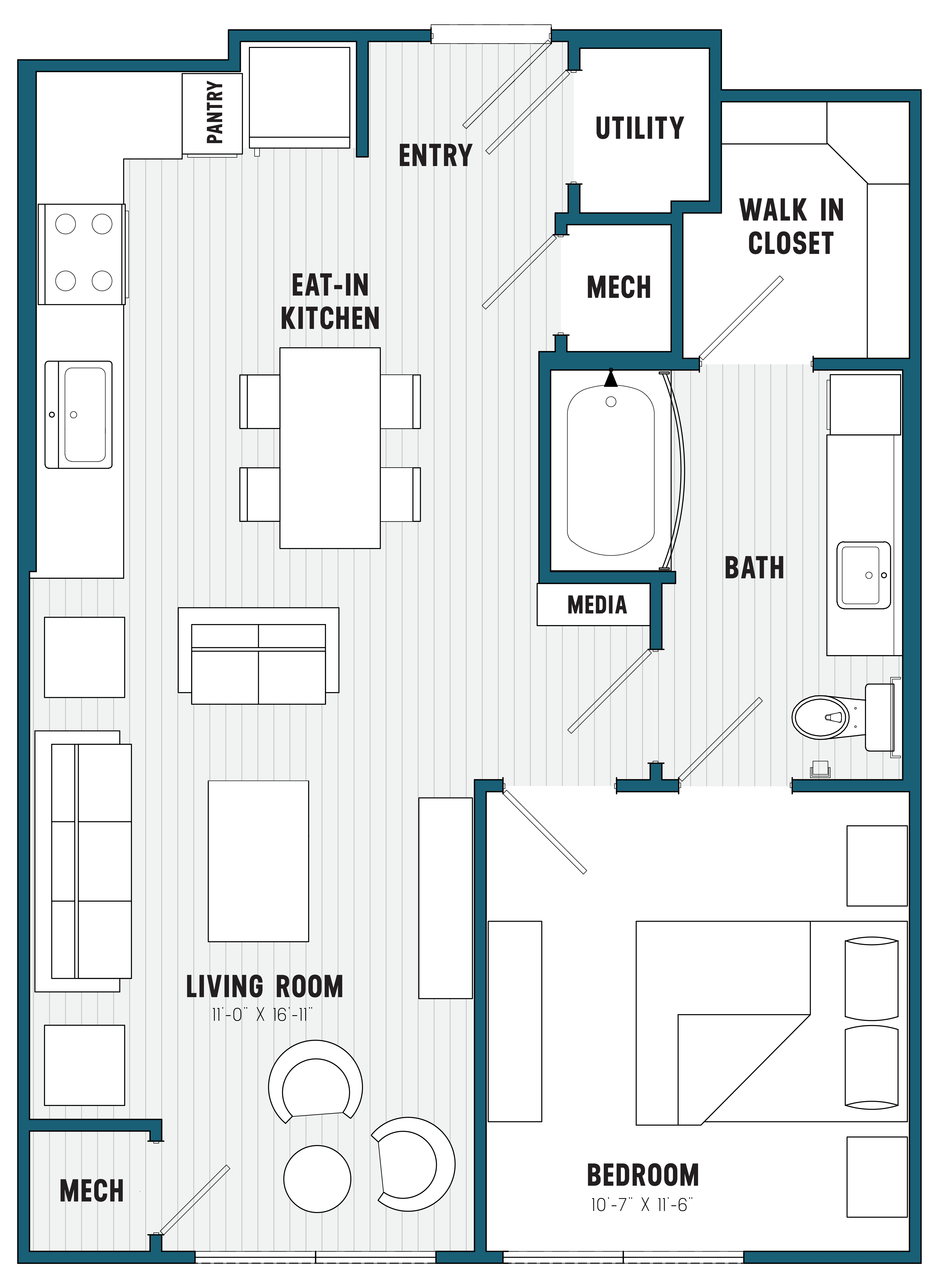 One-bedroom apartment floor plan at Brookland Apartments in West Columbia, SC