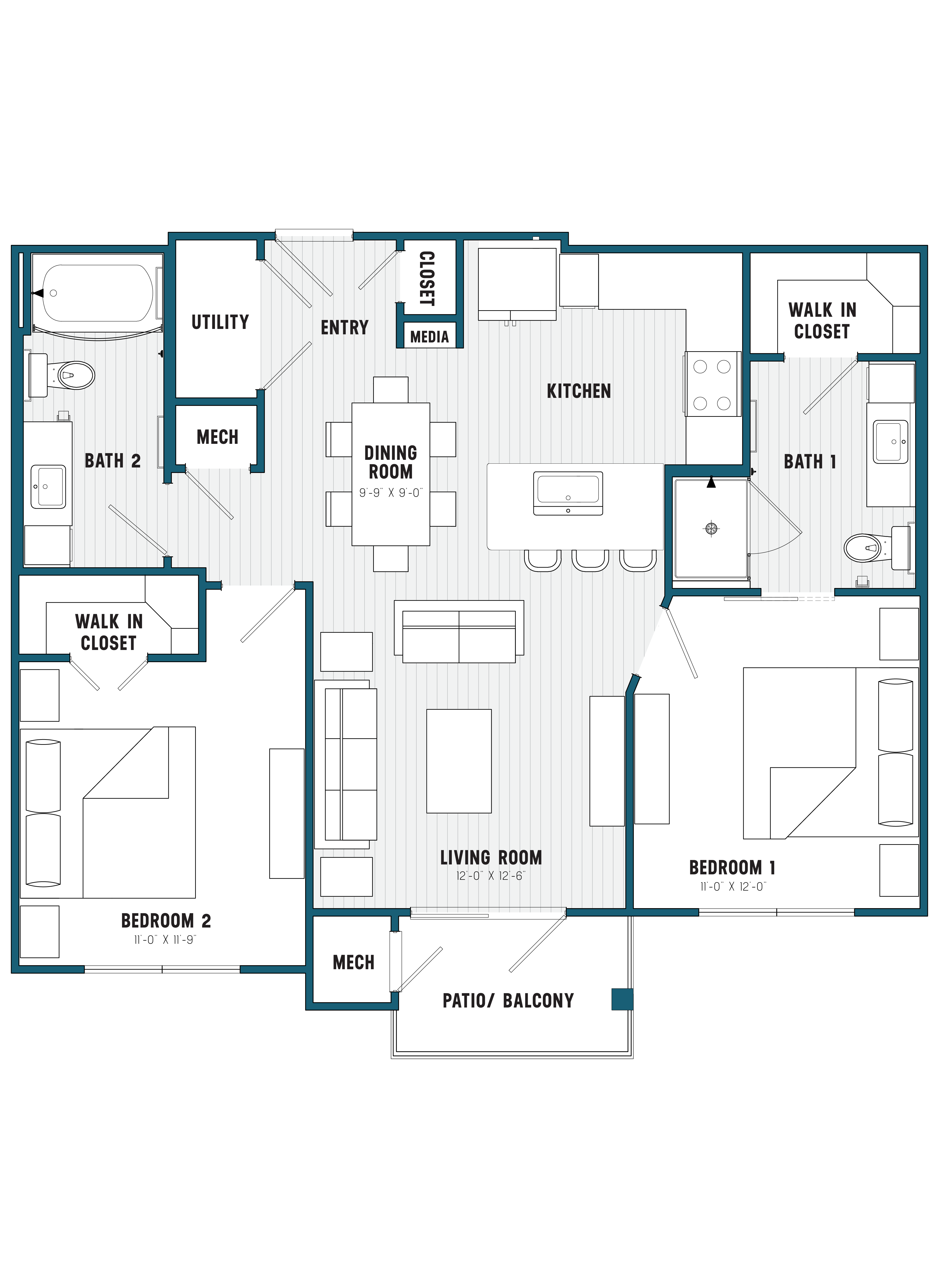 Two-bedroom apartment floor plan at Brookland Apartments in West Columbia, SC