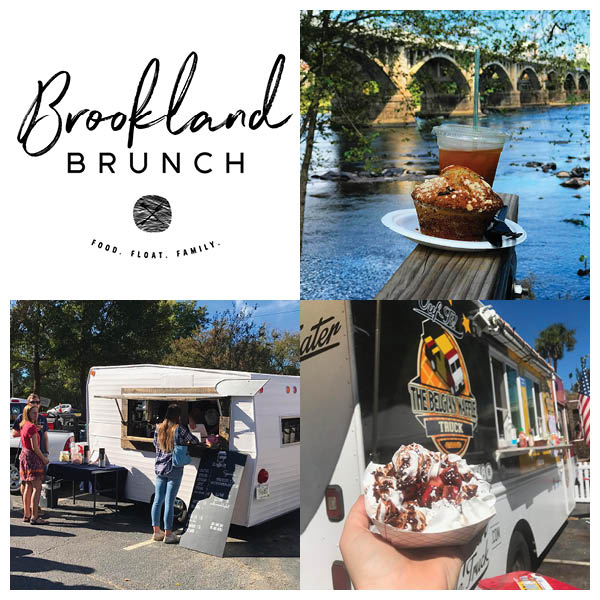 Blueberry muffin and coffee drink sitting on ledge, chocolate-strawberry drizzle waffle in food carton held up to food truck, “brookland brunch” graphic
