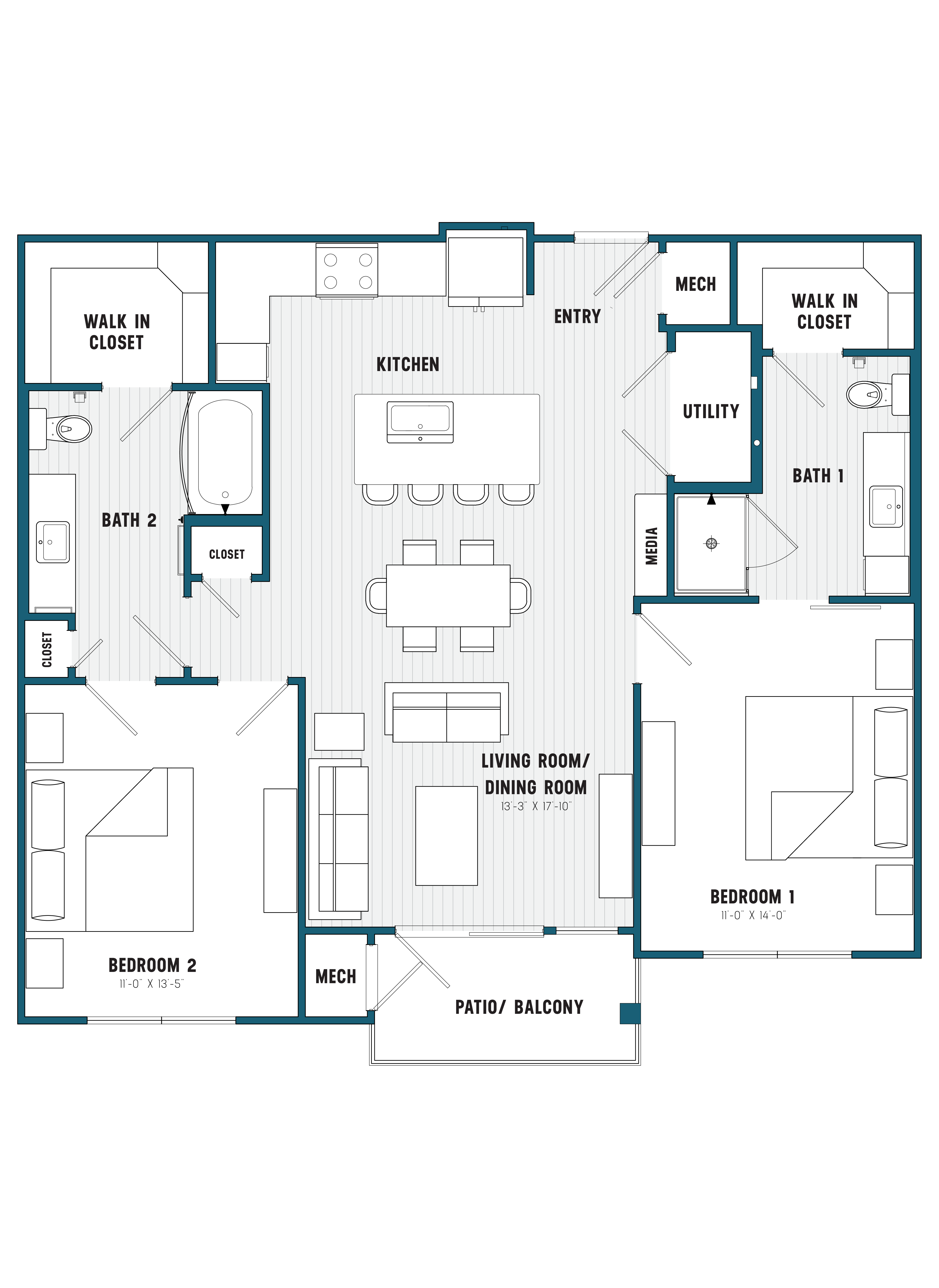 Two-bedroom apartment floor plan at Brookland Apartments in West Columbia, SC